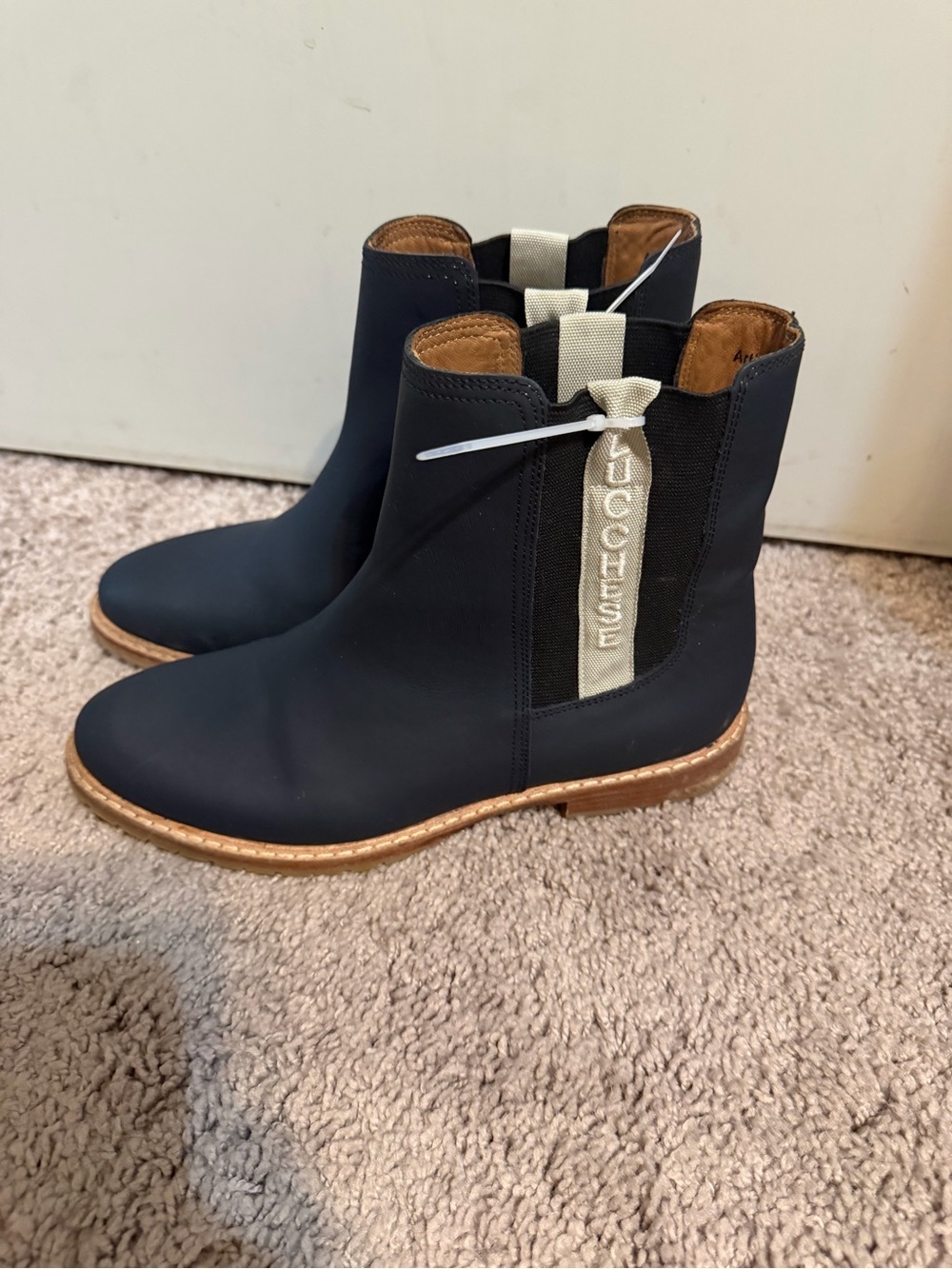 Lucchese Navy Chelsea Boots with Tan Sole and Cream Pull Tab